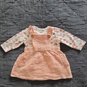Rabbit + Bear Organic Cotton Dress Set Pink Jumpsuit Heart Bodysuit 6-9m